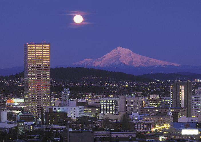 Moon over Mt. Hood and Portland Oregon