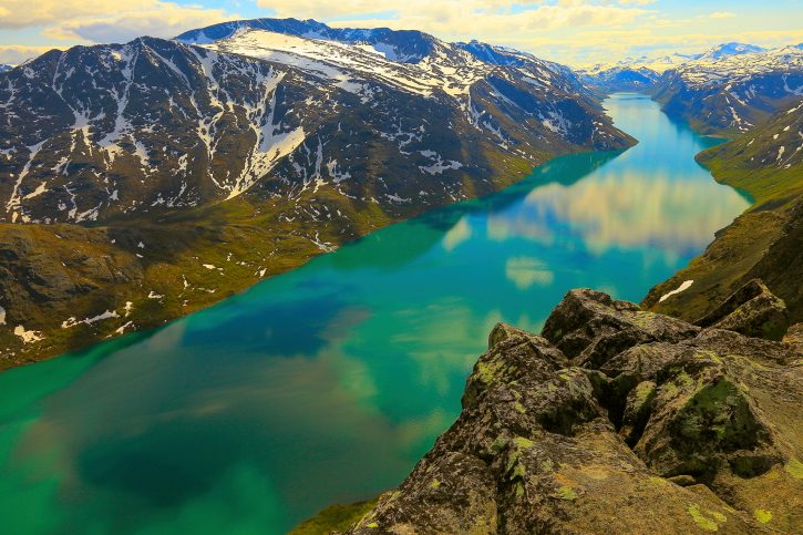 Lake Gjende, Besseggen and jotunheimen snow mountains, Norway