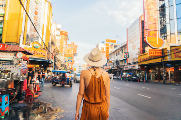 Young Caucasian Woman walking in Chianatown in Bangkok