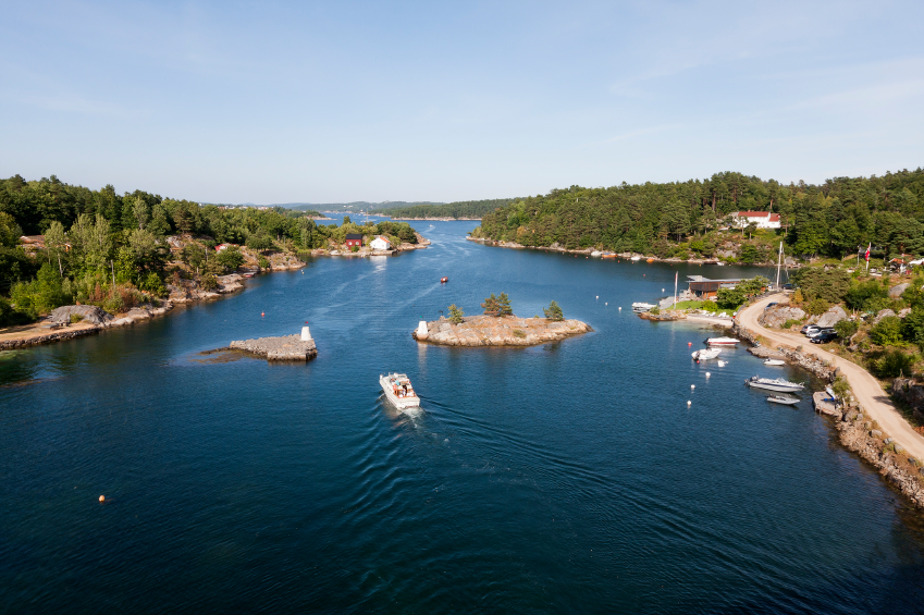 View at fjord from Justoy bridge (Lillesand, Aust-Agder, Norway)