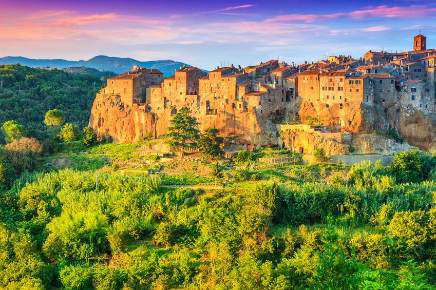Medieval town of Pitigliano on the cliff at sunset,Tuscany,Italy,Europe