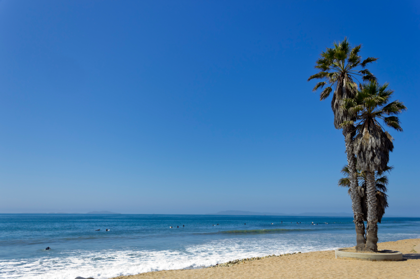 Public city Beach in San Buena Ventura and distant Channel Islands, Southern California