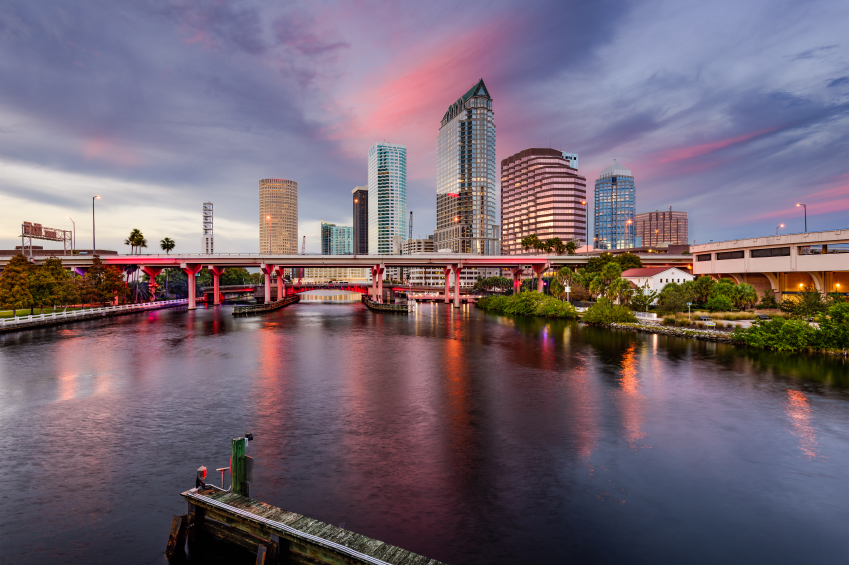 Tampa, Florida, USA downtown city skyline over the Hillsborough River.
