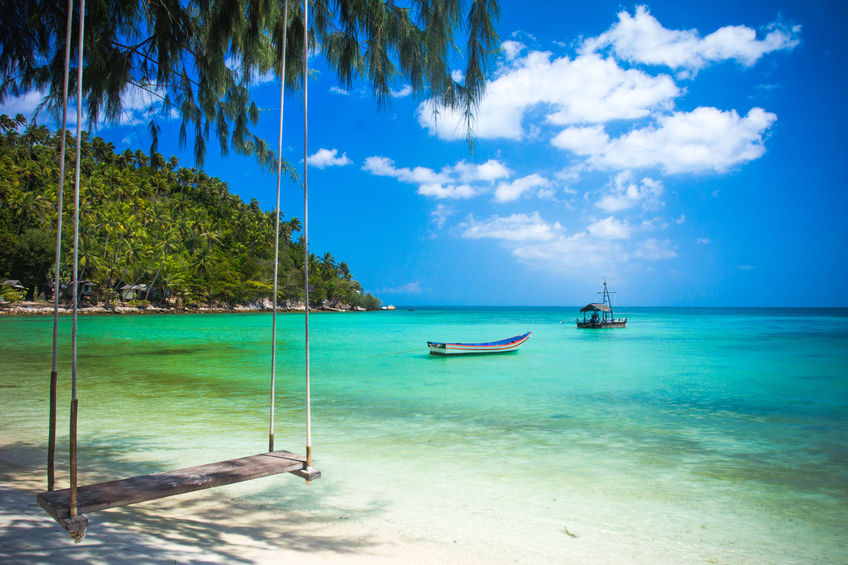 Swing hang from coconut tree over beach, Phangan island