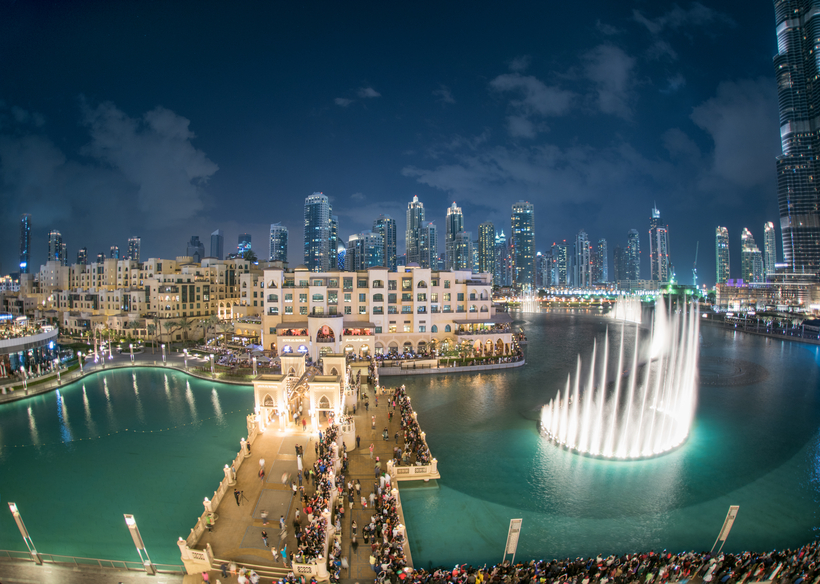 Dubai Fountain show, Burj Khalifa, UAE. 180 Degree Panorama.