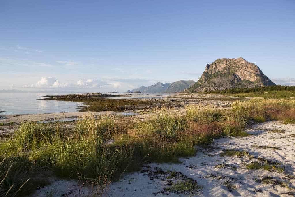 Engeløya i Norge. Grønt landskap, med blå himmel. Vakker strand.