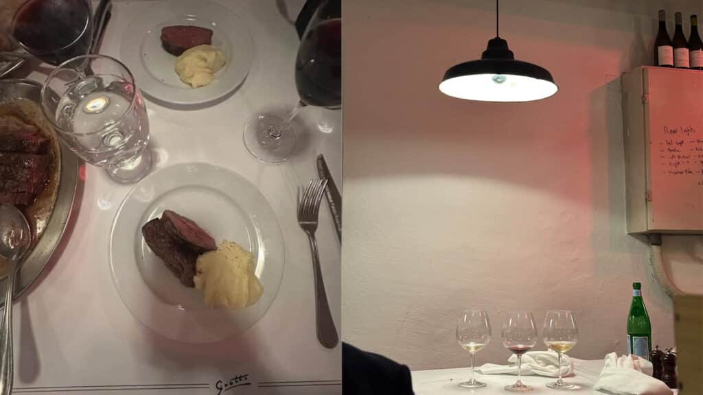 Grotto restaurant i Oslo med mat på bordet og vinglass.