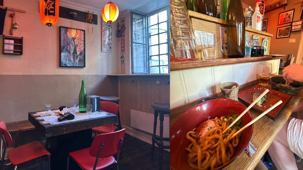 Izakaya restaurant med nudler og sitteplasser med oransje lamper.