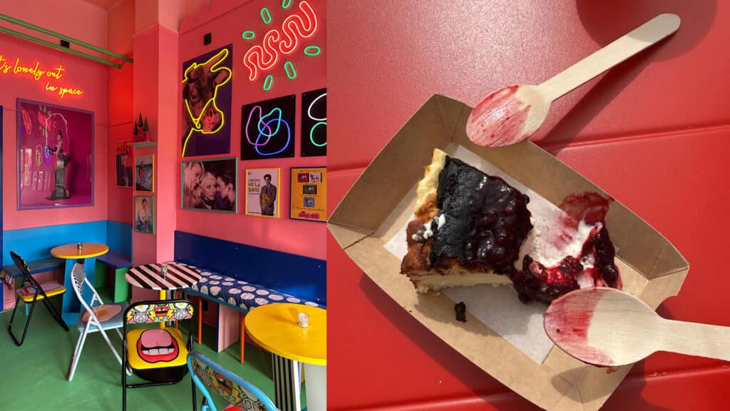 Baabler med ostekake på bordet og neonlys på veggene. Knæsje farger og artig interiør.