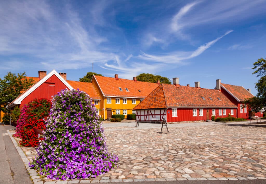 Stavern gater med brostein og gamle trehus.