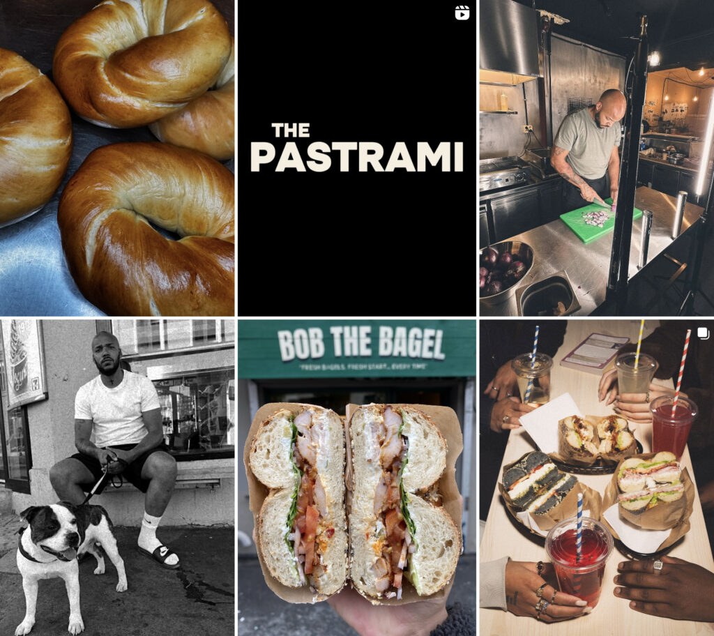 Bagels med tilbehør, folk som spiser, bakeren som baker bagels. 