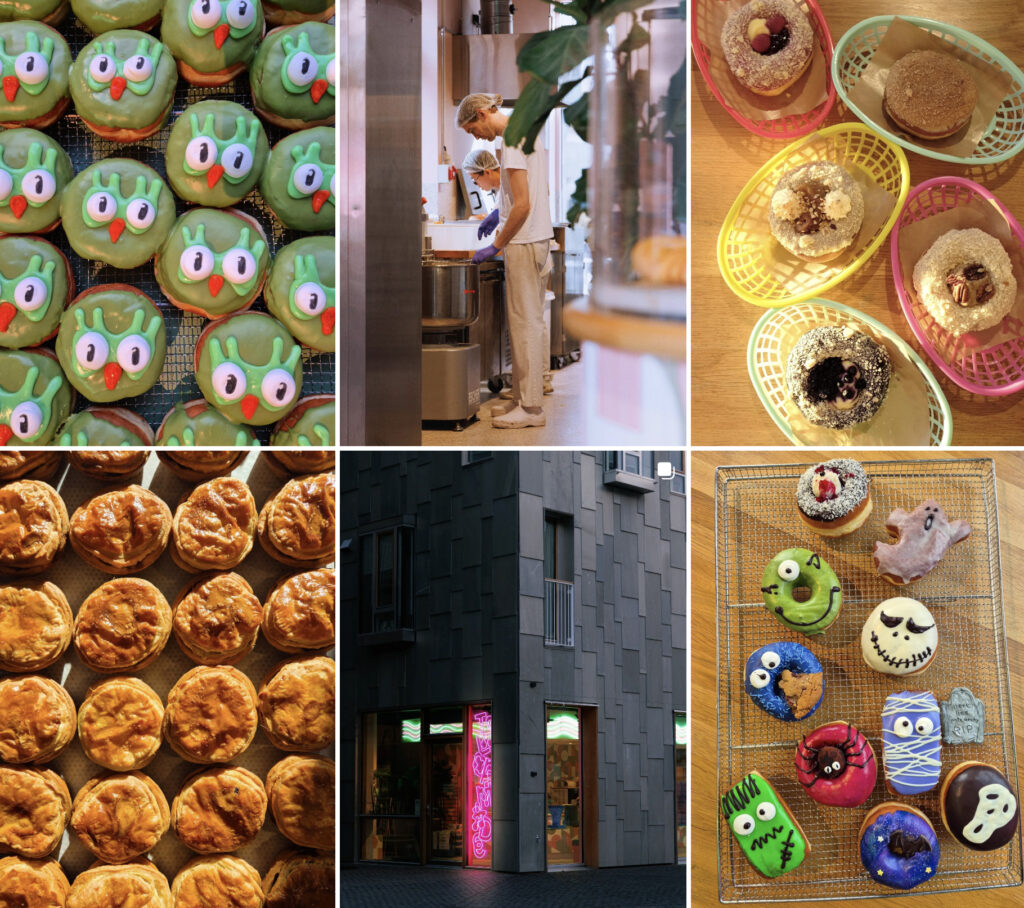 Flere donuts med ulike farger og figurer. Halloween, fugler og paier i donuts form..