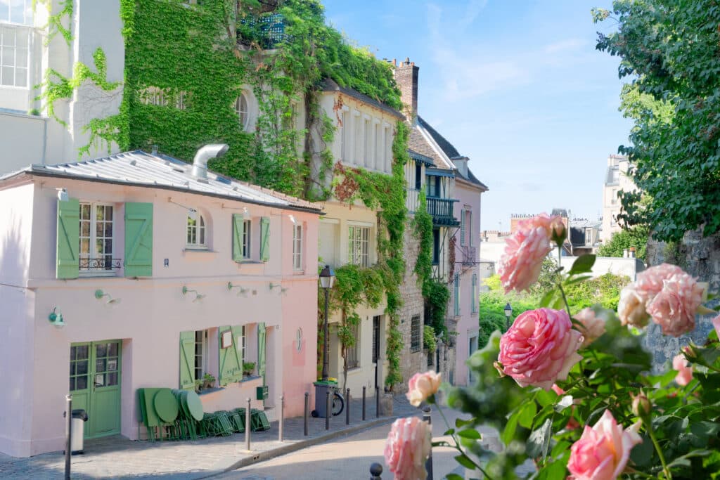 Montmartres gater med rosebusker og bygninger i rosa.