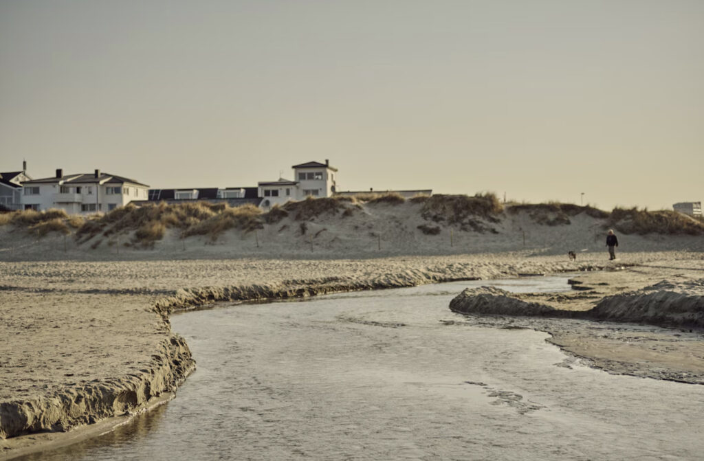 Sola Strand Hotel i Sola med sand, gress og mann som går tur med hunden sin.
