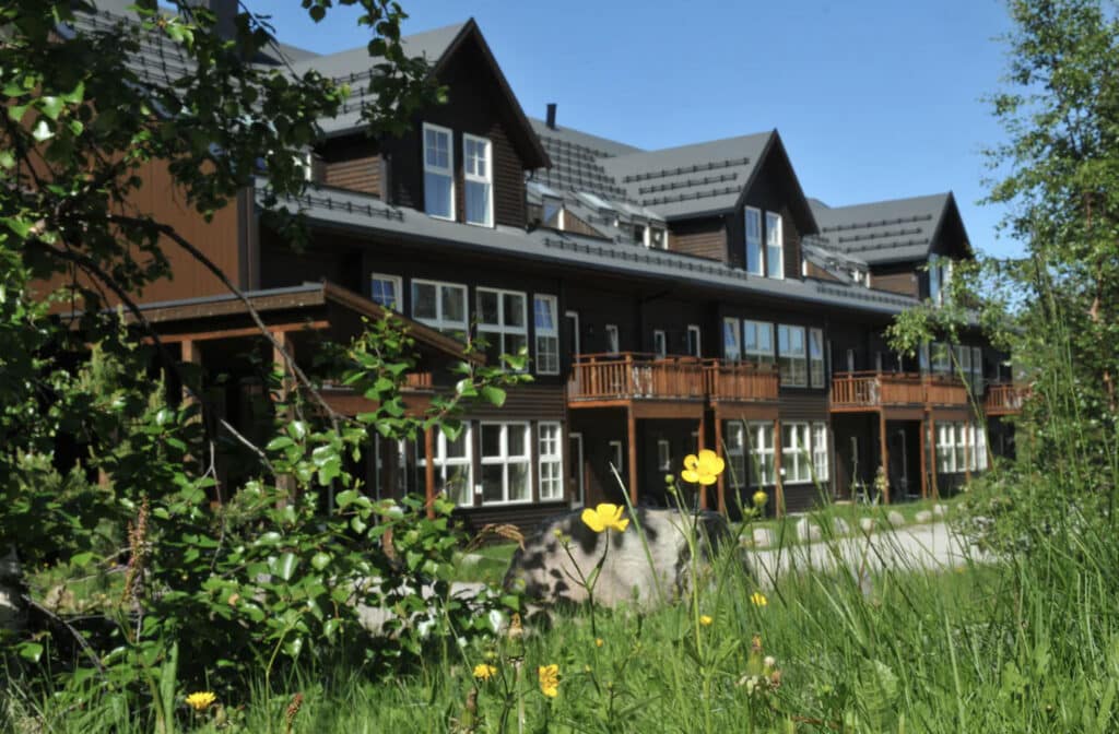 Hotell med grønt gress og smørblomst.