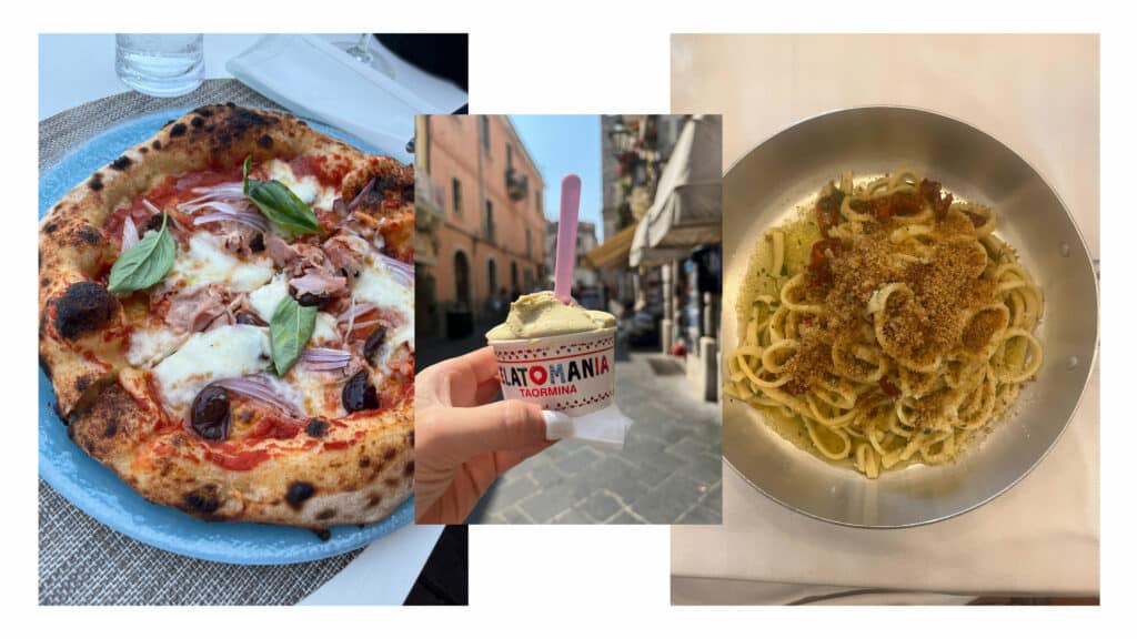 Sicilia feriebilder med pasta, pizza og iskrem.
