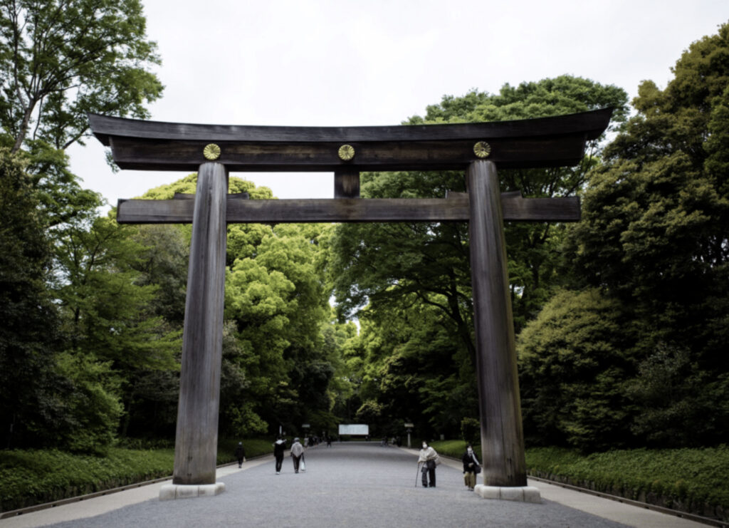 Yoyogi park i mellom store trær.