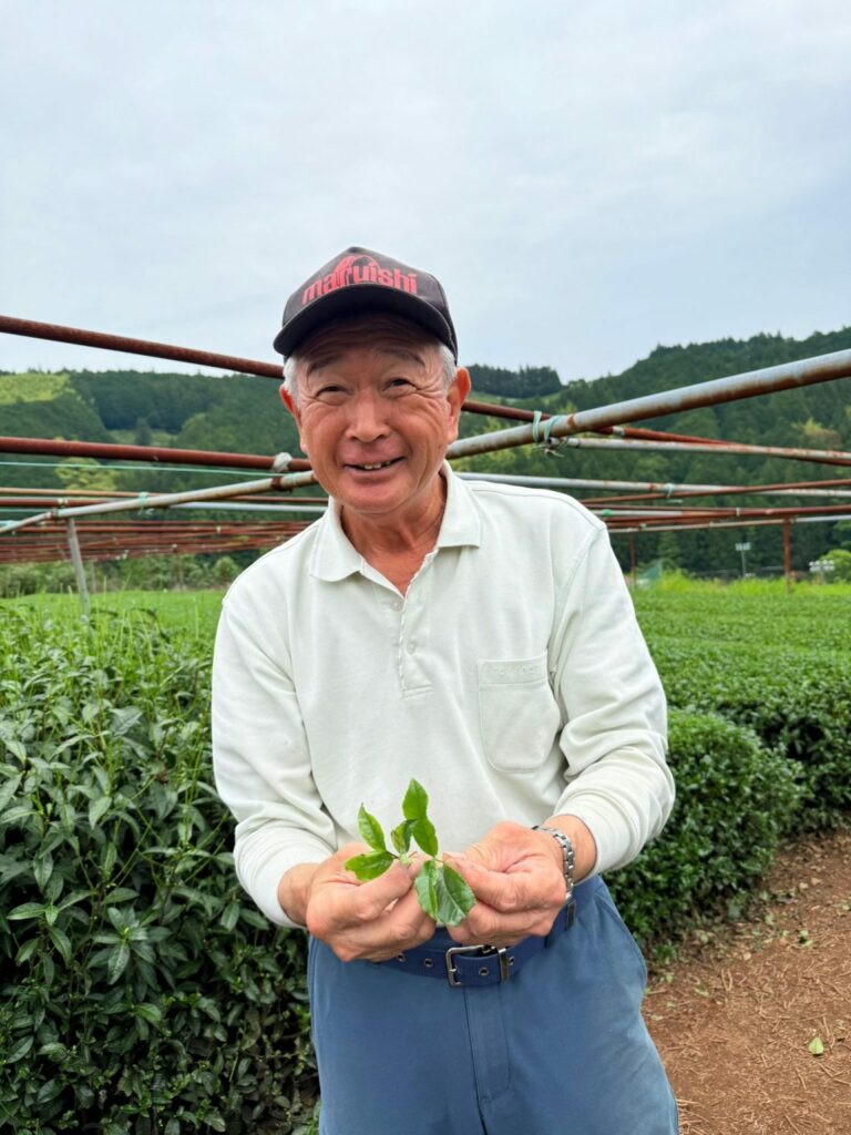 Mr. Nob viser teblader med plantasjen i bakgrunn.