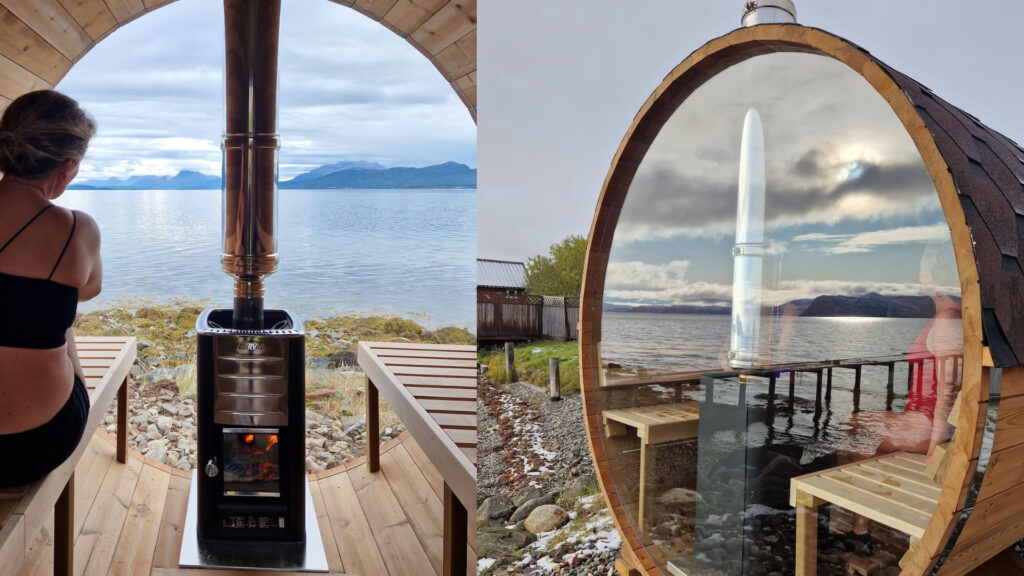Dame som nyter sauna med utsikt over sjøen.