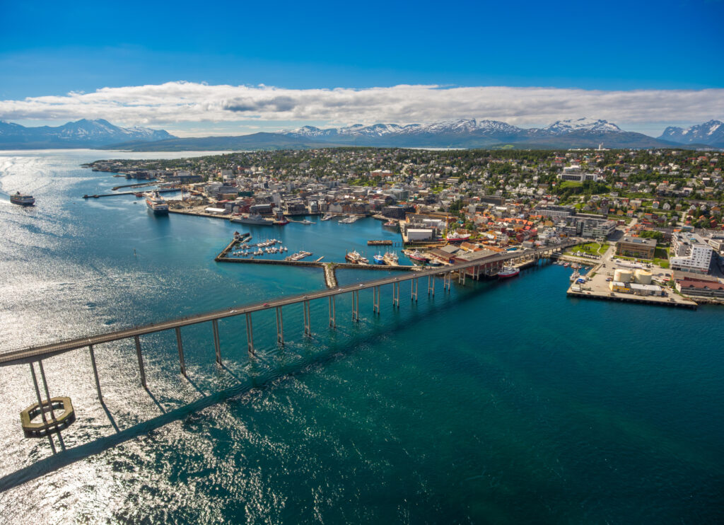 Bridge of city Tromso, Norway aerial photography. Tromso is considered the northernmost city in the world with a population above 50,000.