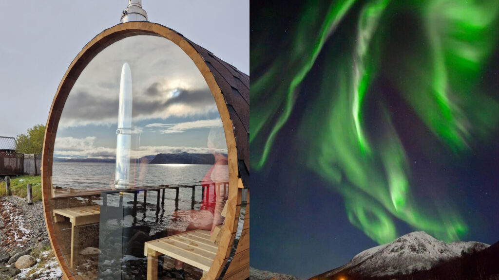 Badstue utenfor, nordlys. 