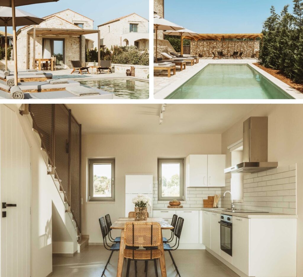 murhus i Hellas og foto av basseng og uteområde