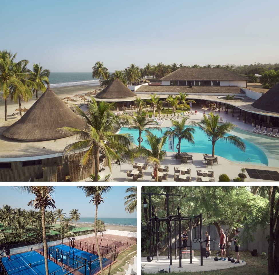 oversiktsfoto av bassenget og padelbane på Kombo Beach Resort som er et treningshotell i gambia